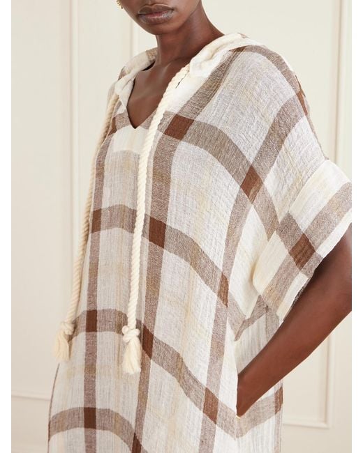Lisa Marie Fernandez Natural Hooded Checked Linen-Blend Crepon Kaftan