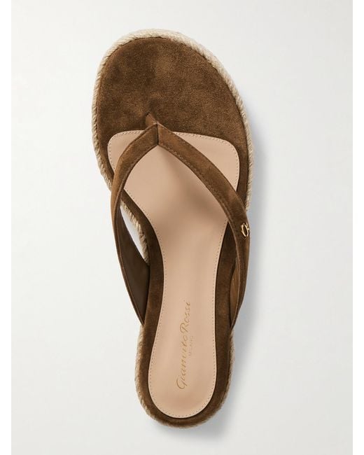 Gianvito Rossi Brown Embellished Suede Platform Espadrille Flip Flops
