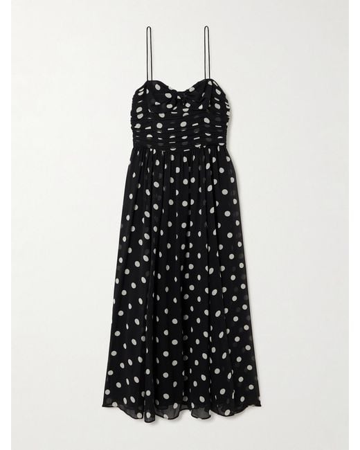 Doen White Maryanna Bow-Detailed Ruched Polka-Dot Silk-Georgette Midi Dress