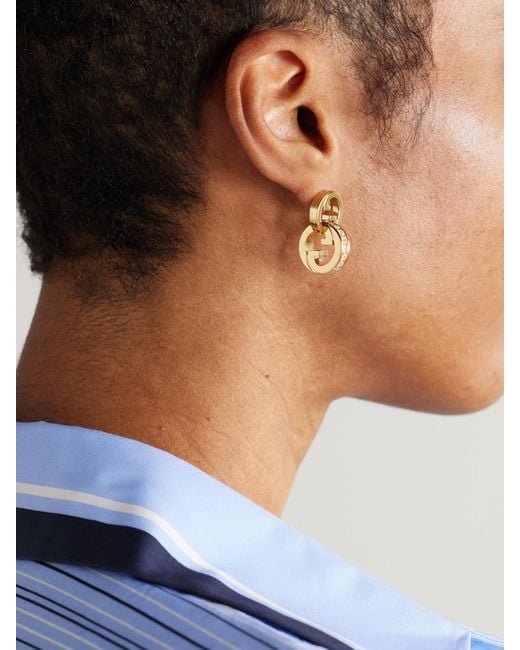 Gucci White Blondie-Tone Crystal Hoop Earrings