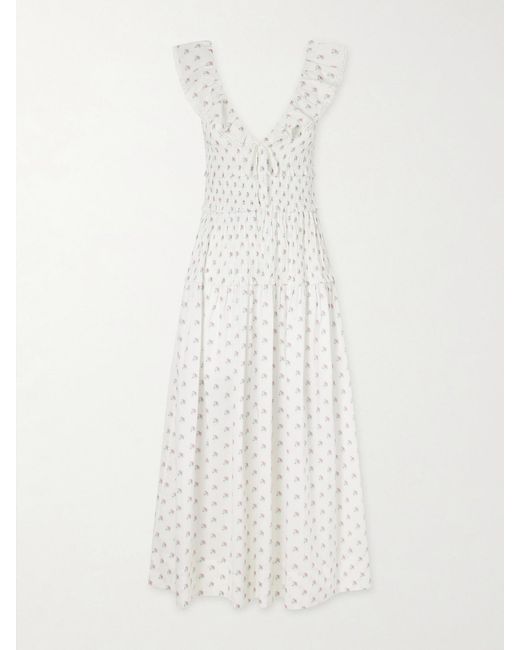 Doen White Sorina Tiered Embroidered Floral-Print Organic Cotton Midi Dress