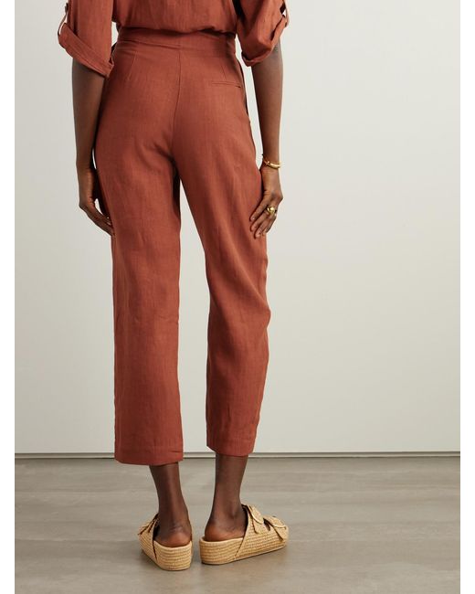LeKasha Red Jaouf Cropped Pleated Organic Linen Straight-Leg Pants