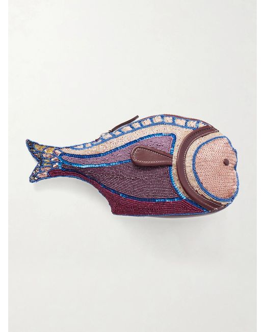 Staud Purple Pesce Beaded Leather Clutch