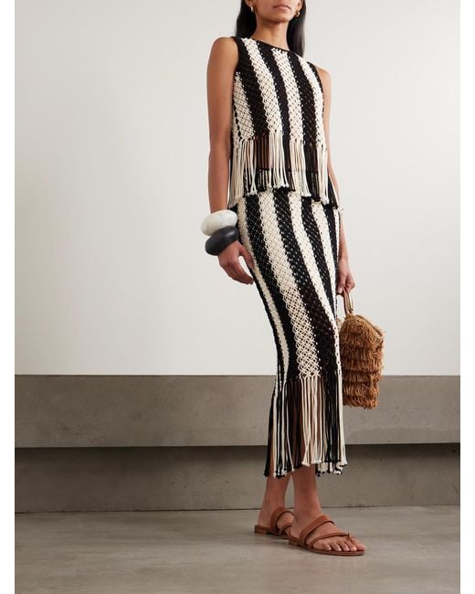 Zimmermann Black Wanderlust Fringed Striped Macramé Cotton Top