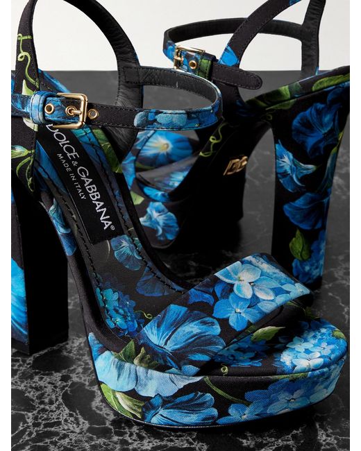 Dolce & Gabbana Blue Floral-Print Crepe Platform Sandals