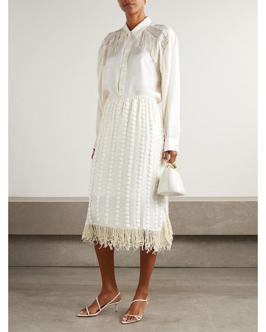 DIOTIMA White Epaulette Crochet-Trimmed Fringed Silk-Twill Shirt