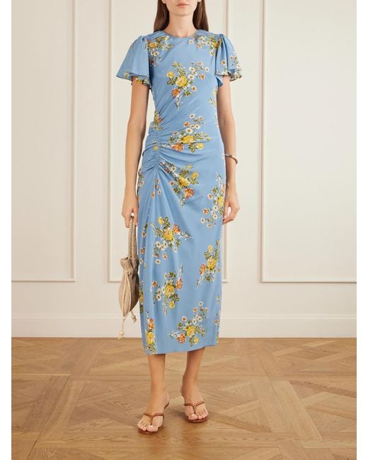 Veronica Beard Blue Huntleigh Gathered Floral-Print Silk-Blend Satin Midi Dress