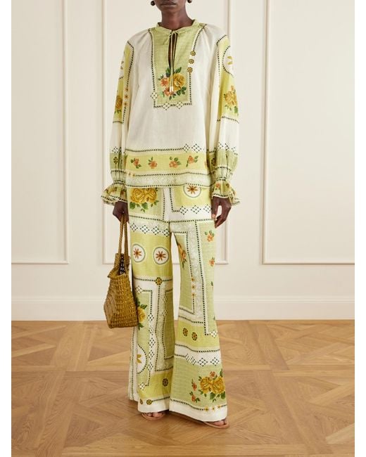 ALÉMAIS Metallic Dixie Knotted Floral-Print Linen Pants