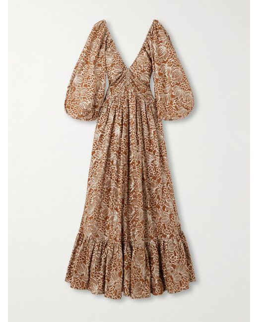 Robe Longue En Satin À Broderies Et À Fronces ‎Dima Ayad en coloris Natural