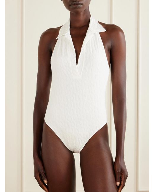 Lisa Marie Fernandez White Polo Floral-Jacquard One-Piece