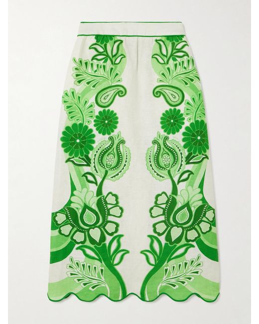 Farm Rio Green Scalloped Printed Linen Midi Skirt