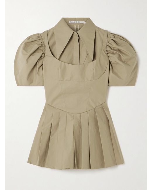 Tolu Coker Green Layered Pleated Cotton-Poplin Mini Shirt Dress