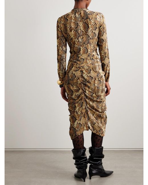 Isabel Marant Natural Connie Pussy-Bow Ruched Snake-Print Devoré Silk-Blend Midi Dress