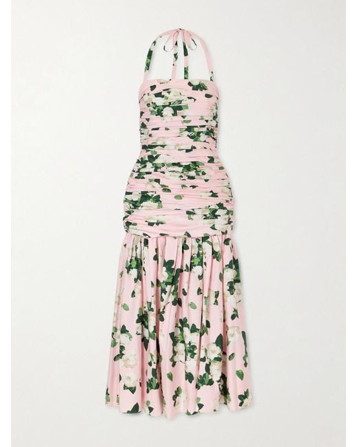 Carolina Herrera White Floral-Print Ruched Cotton-Blend Maxi Dress