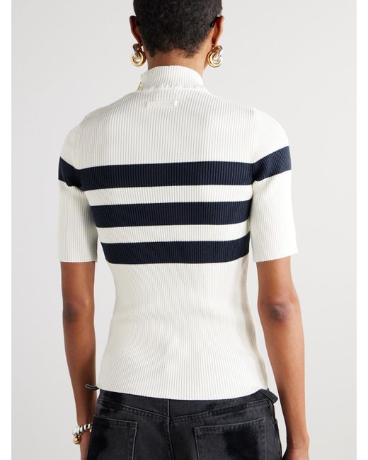 Jean Paul Gaultier White Embellished Striped Ribbed-Knit Turtleneck Sweater