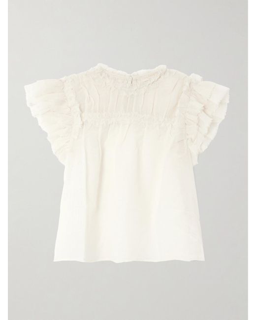 Ulla Johnson White Esme Bluse Aus Wollgaze Mit Rüschen Und Fransen