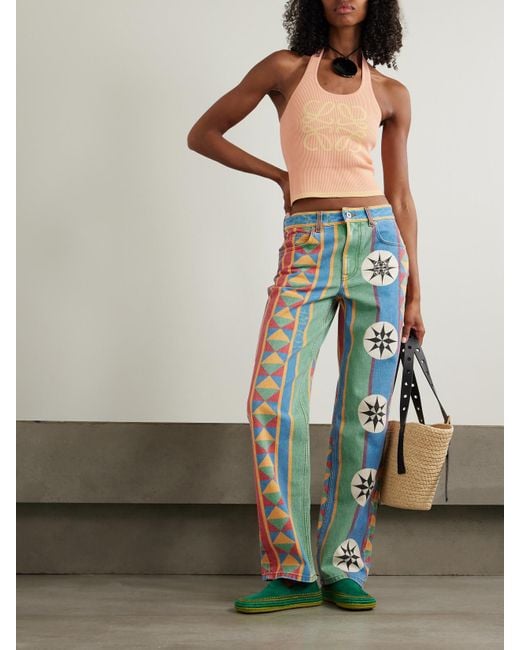 Loewe Pink Paula's Ibiza Cropped Jacquard-Woven Ribbed Stretch-Jersey Halterneck Top