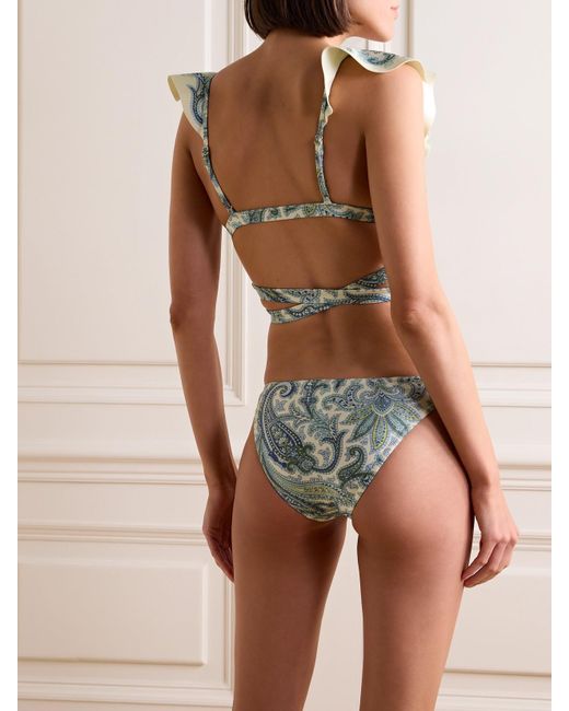 Zimmermann Blue Ottie Tie-Front Ruffled Paisley-Print Bikini