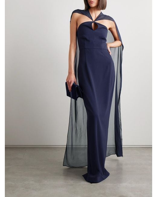 Roland Mouret Blue Cape-Effect Silk Chiffon-Trimmed Crepe Gown