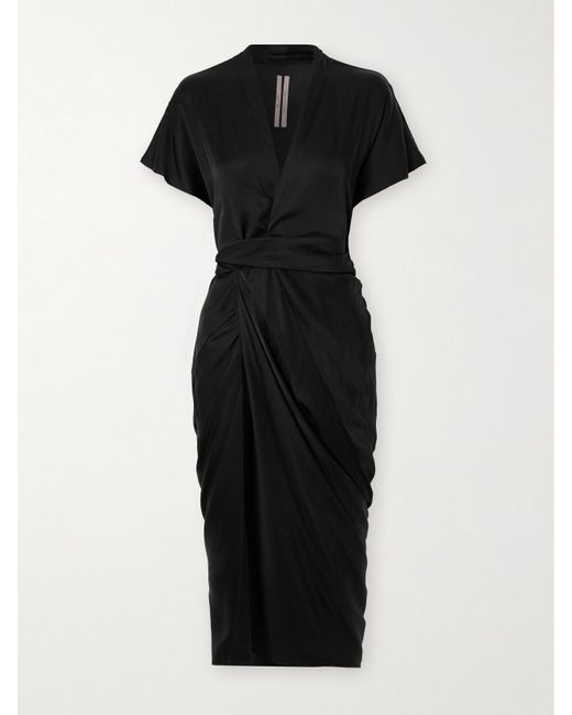Rick Owens Black Draped Satin Midi Wrap Dress