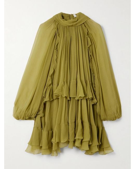 Chloé Green Ruffled Silk-Mousseline Turtleneck Mini Dress