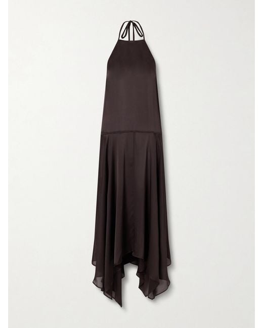St. Agni Brown Asymmetric Silk-Satin Halterneck Maxi Dress