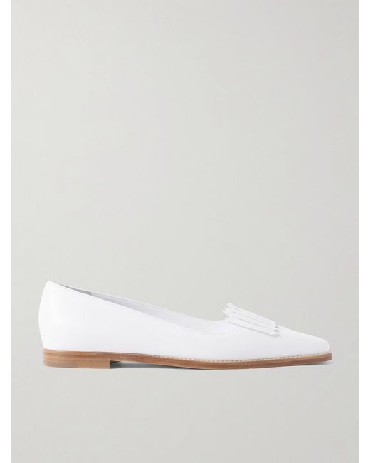 Manolo Blahnik White Pausaniasflat Fringed Leather Loafers