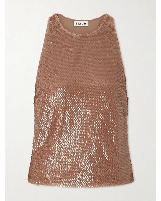 Staud Brown Bree Sequined Tulle Top