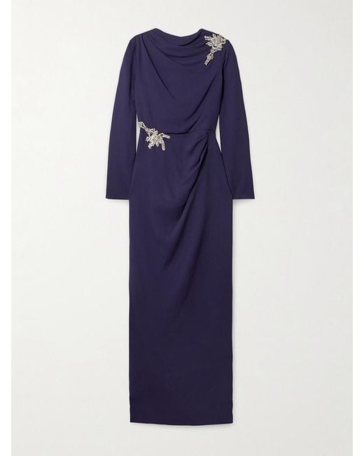 Erdem Blue Draped Embellished Appliquéd Crepe Gown
