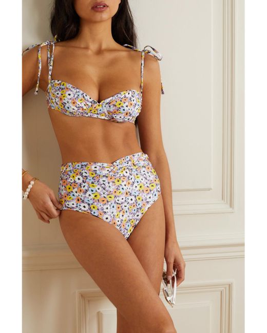 Agua Bendita White Vaiven Ruched Floral-Print Recycled Bikini Bottoms
