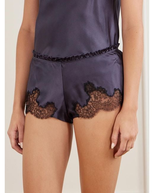 Carine Gilson Purple Lace-Trimmed Silk-Satin Shorts
