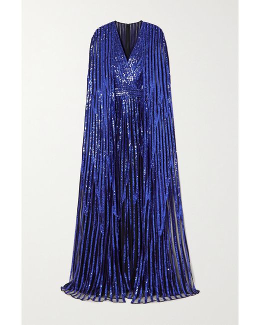 Elie Saab Blue Cape-effect Sequined Embroidered Tulle Gown