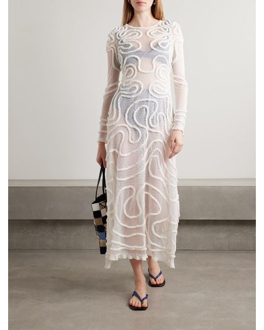 Ulla Johnson White Valentina Appliquéd Pointelle-Knit Midi Dress