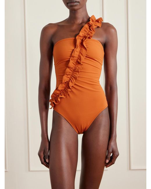 Ulla Johnson Orange Capri One-Shoulder Ruffled Swimsuit
