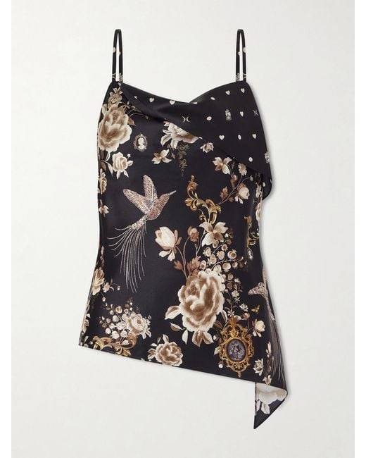 Camilla Black Asymmetric Draped Embellished Embroidered Printed Silk-Satin Top