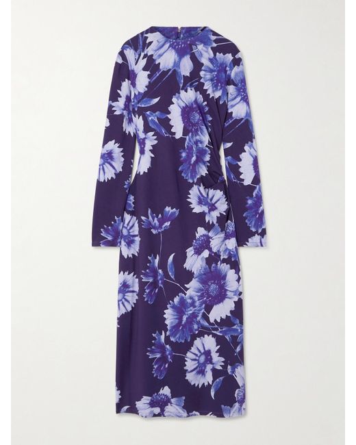 Erdem Purple Troubridge Midikleid Aus Stretch-Jersey Mit Raffung Und Blumenprint