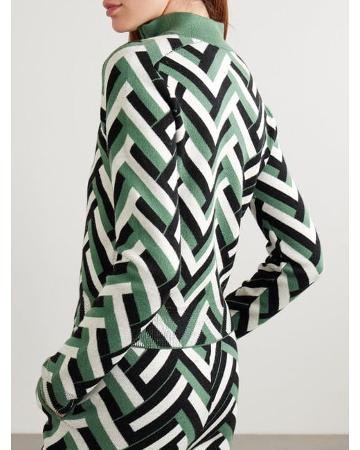 Perfect Moment Green La Tour Jacquard-Knit Merino Wool Half-Zip Sweater