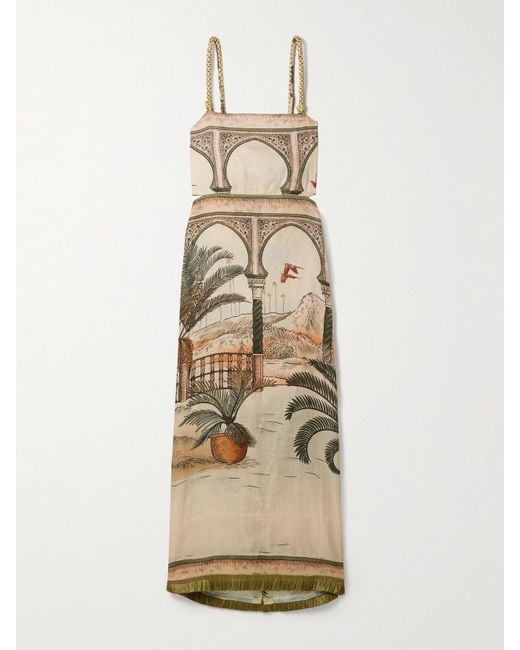 Johanna Ortiz Natural Cartagening Tasseled Straw-Trimmed Printed Linen-Voile Midi Dress