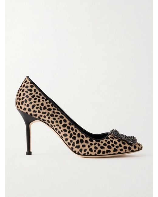 Manolo Blahnik Metallic Hangisi 90 Embellished Leopard-Print Calf Hair Pumps
