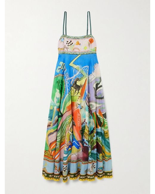 ALÉMAIS White Lucky Pace Printed Shirred Linen Dress