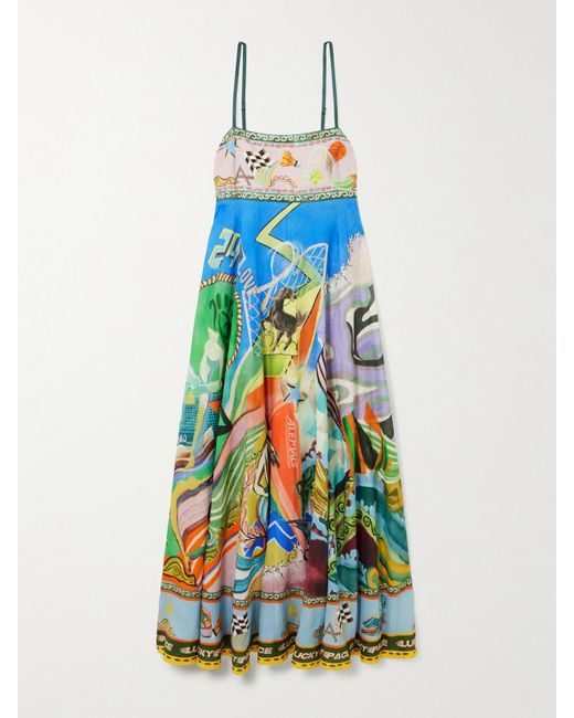 ALÉMAIS White Lucky Pace Printed Shirred Linen Dress