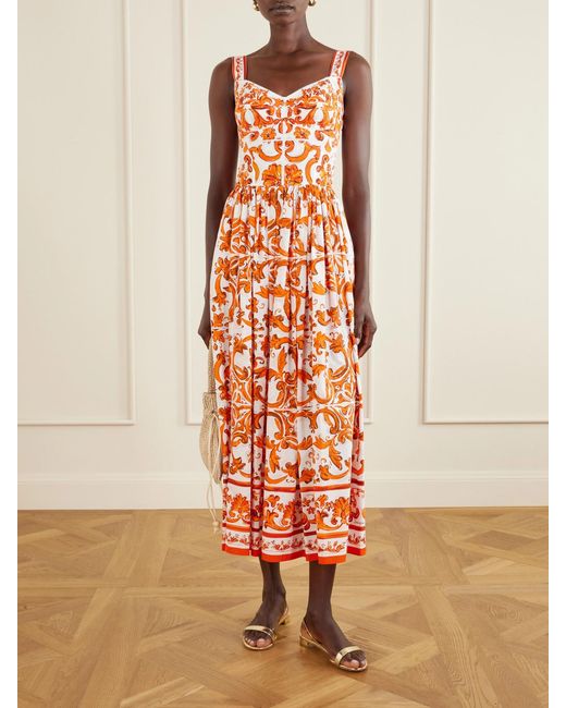Dolce & Gabbana White Pleated Printed Cotton-Poplin Midi Dress