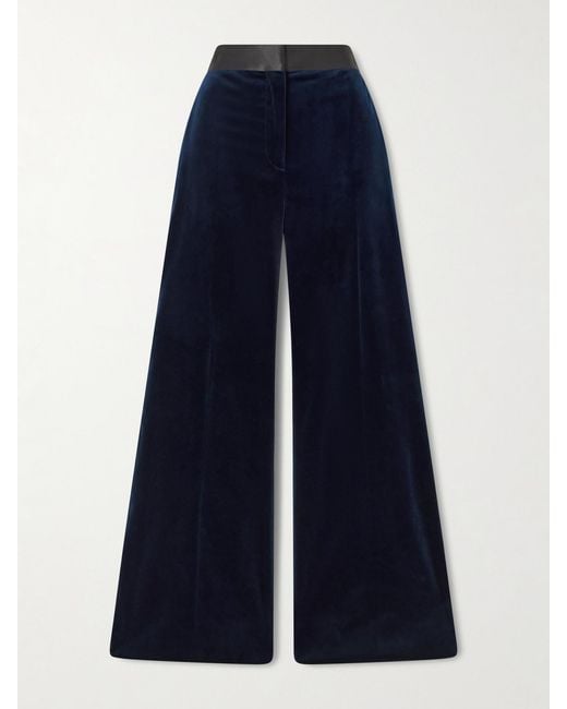 Victoria Beckham Blue Alina Satin-Trimmed Cotton-Blend Velvet Wide-Leg Pants