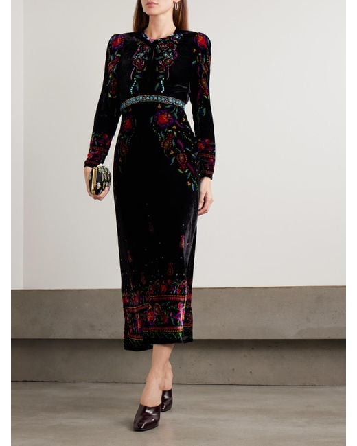 Saloni Black Claudia Twisted Embellished Printed Velvet Midi Dress