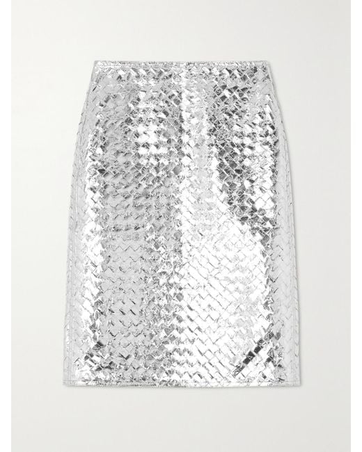 Bottega Veneta White Intrecciato Metallic Crinkled-Leather Skirt