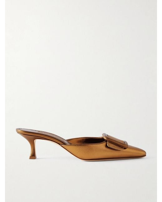 Manolo Blahnik Natural Maysalebi 50 Lizard-Effect Metallic-Leather Mules