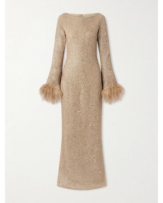 Clio Peppiatt Natural Mae Feather-Trimmed Embellished Beaded Tulle Gown