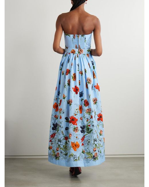 Cara Cara Blue Greenfield Belted Strapless Smocked Floral-Print Cotton-Poplin Maxi Dress