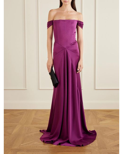 Alex Perry Purple Satin Off-The-Shoulder Gown