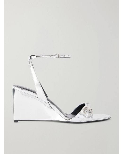 Gucci Metallic Donna Embellished Leather Wedge Sandals